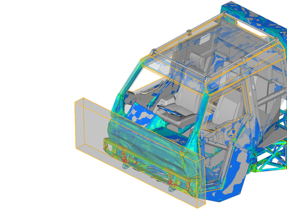 Vehicle cab model illustrating response under frontal impact loading